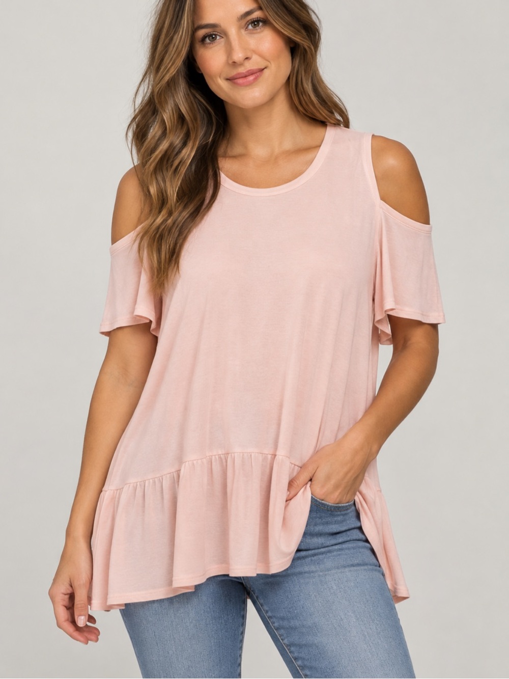 NWT Lysse Ruffled Hem Cold Shoulder Top Blush Pink Size Large